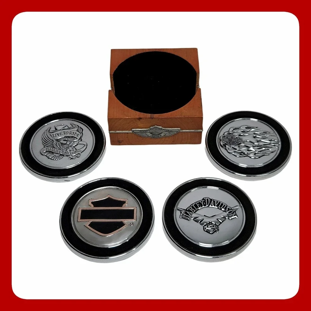 Harley-Davidson 100th Anniversary Coaster Set 4 Chrome Rubber Wood Holder 2003